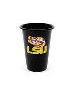CK93BLA-LSU01-2 - Louisiana State (LSU) Enamelware 14oz Tumblers, Black Speckle, Set of 2 - Golden Rabbit Enamelware