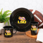 CK93BLA-LSU01-2 - Louisiana State (LSU) Enamelware 14oz Tumblers, Black Speckle, Set of 2 - Golden Rabbit Enamelware