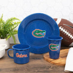 CK20MBU-UF02-4 - U of Florida Enamelware Dinner Plates, Medium Blue Speckle, Set of 4 - Golden Rabbit Enamelware