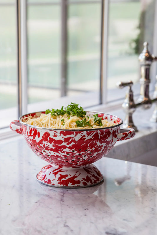 RD27 - Red Swirl Medium Colander - Golden Rabbit Enamelware