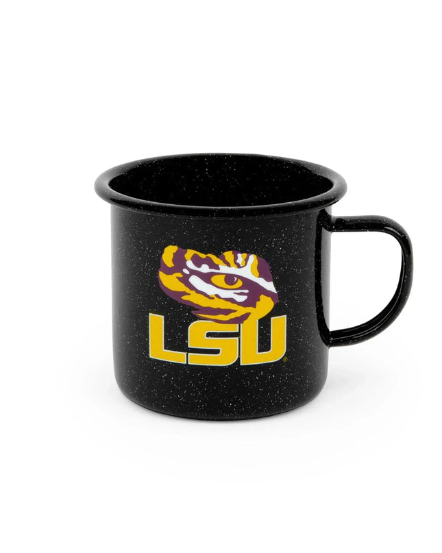 CK112BLA-LSU01 - Louisiana State (LSU) Enamelware 16oz Mug, Black Speckle - Golden Rabbit Enamelware