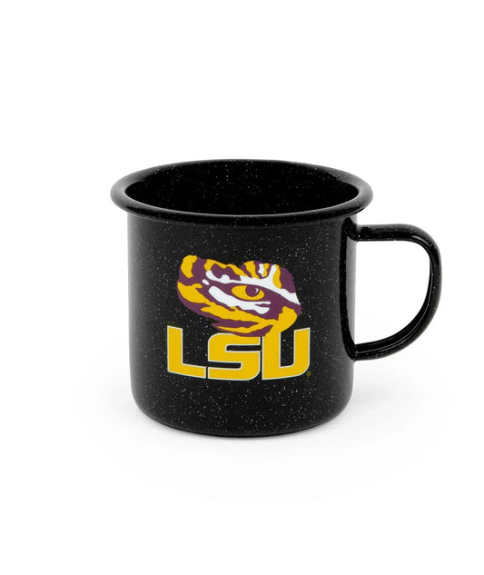 CK112BLA-LSU01 - Louisiana State (LSU) Enamelware 16oz Mug, Black Speckle - Golden Rabbit Enamelware