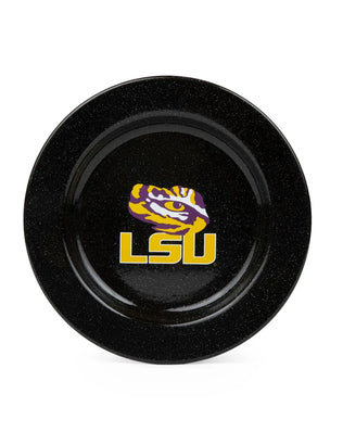 CK20BLA-LSU01-4 - Louisiana State (LSU) Enamelware Dinner Plates, Black Speckle, Set of 4 - Golden Rabbit Enamelware