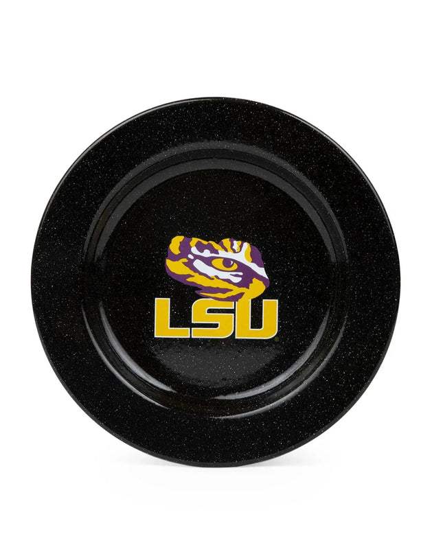 CK20BLA-LSU01-4 - Louisiana State (LSU) Enamelware Dinner Plates, Black Speckle, Set of 4 - Golden Rabbit Enamelware