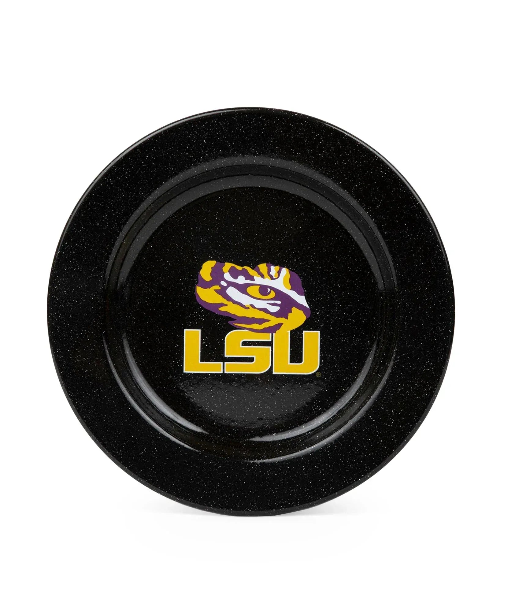 CK20BLA-LSU01-4 - Louisiana State (LSU) Enamelware Dinner Plates, Black Speckle, Set of 4 - Golden Rabbit Enamelware