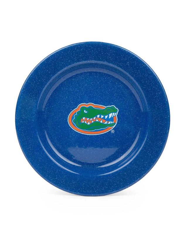 CK20MBU-UF02-4 - U of Florida Enamelware Dinner Plates, Medium Blue Speckle, Set of 4 - Golden Rabbit Enamelware