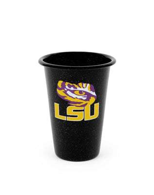 CK93BLA-LSU01-2 - Louisiana State (LSU) Enamelware 14oz Tumblers, Black Speckle, Set of 2 - Golden Rabbit Enamelware