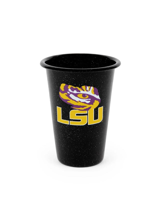 CK93BLA-LSU01-2 - Louisiana State (LSU) Enamelware 14oz Tumblers, Black Speckle, Set of 2 - Golden Rabbit Enamelware