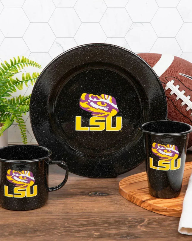 CK20BLA-LSU01-4 - Louisiana State (LSU) Enamelware Dinner Plates, Black Speckle, Set of 4 - Golden Rabbit Enamelware