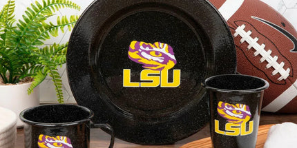 CK93BLA-LSU01-2 - Louisiana State (LSU) Enamelware 14oz Tumblers, Black Speckle, Set of 2 - Golden Rabbit Enamelware