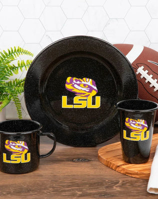 CK93BLA-LSU01-2 - Louisiana State (LSU) Enamelware 14oz Tumblers, Black Speckle, Set of 2 - Golden Rabbit Enamelware