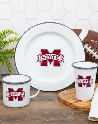 CV20GRY-MSU01-4 - Mississippi State Enamelware Dinner Plates, Grey Rim, Set of 4 - Golden Rabbit Enamelware