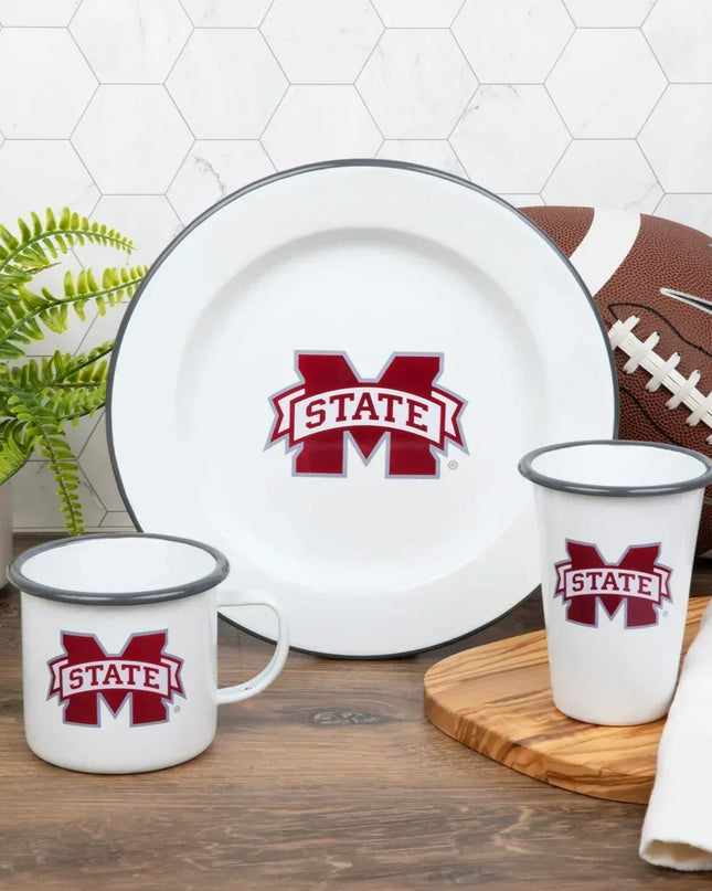 CV20GRY-MSU01-4 - Mississippi State Enamelware Dinner Plates, Grey Rim, Set of 4 - Golden Rabbit Enamelware