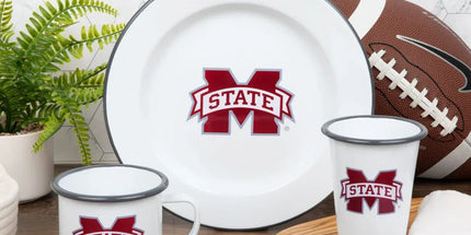 CV93GRY-MSU01-2 - Mississippi State Enamelware 14oz Tumblers, Grey Rim, Set of 2 - Golden Rabbit Enamelware
