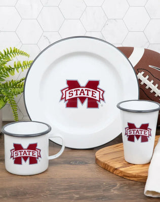 CV93GRY-MSU01-2 - Mississippi State Enamelware 14oz Tumblers, Grey Rim, Set of 2 - Golden Rabbit Enamelware