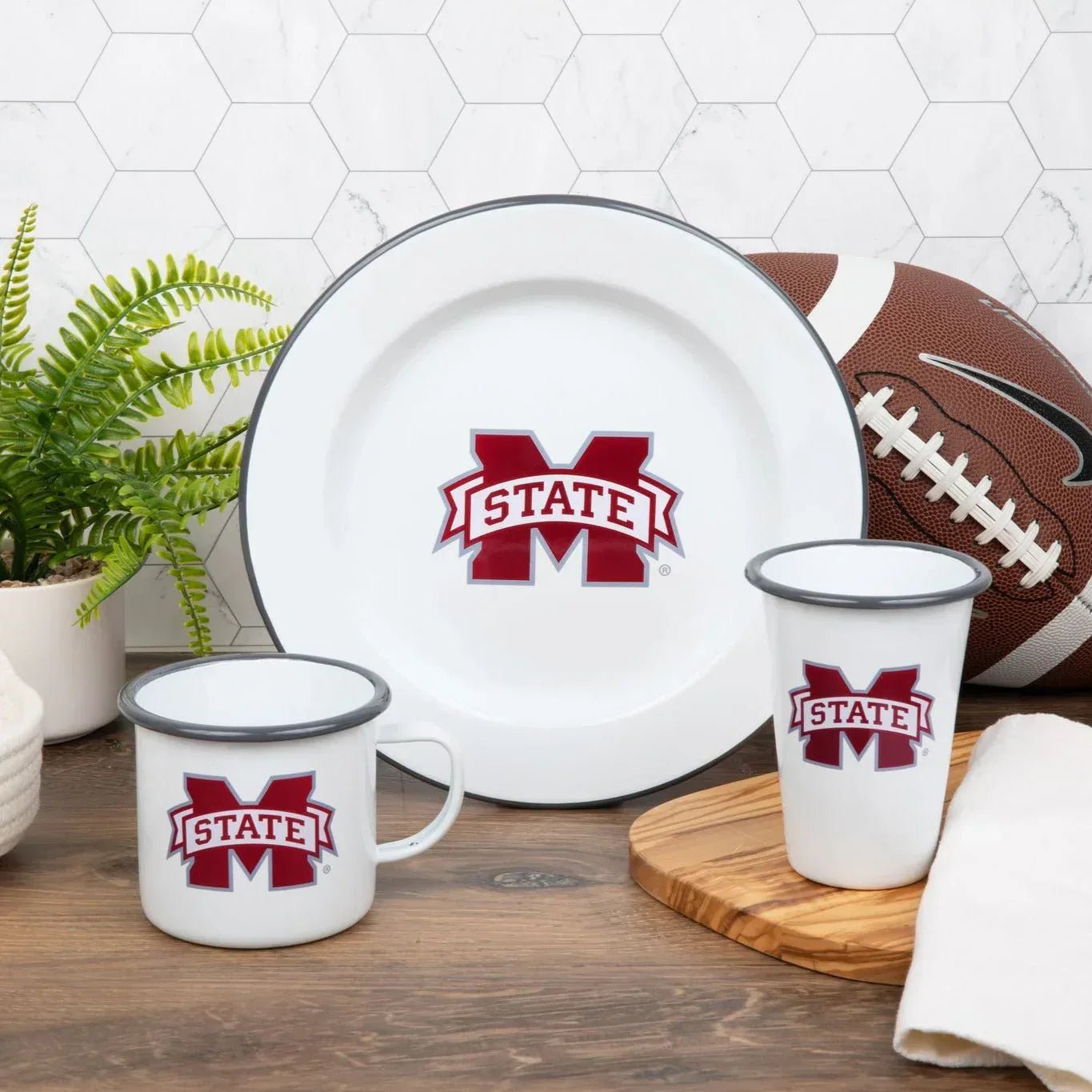 CV93GRY-MSU01-2 - Mississippi State Enamelware 14oz Tumblers, Grey Rim, Set of 2 - Golden Rabbit Enamelware