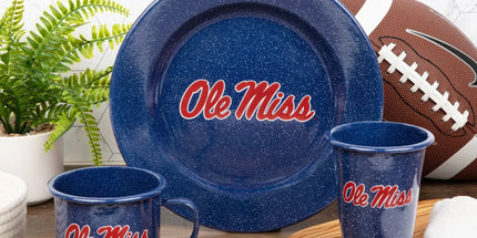 CK93NVY-OM01-2 - U of Mississippi Enamelware 14oz Tumblers, Navy Speckle, Set of 2 - Golden Rabbit Enamelware