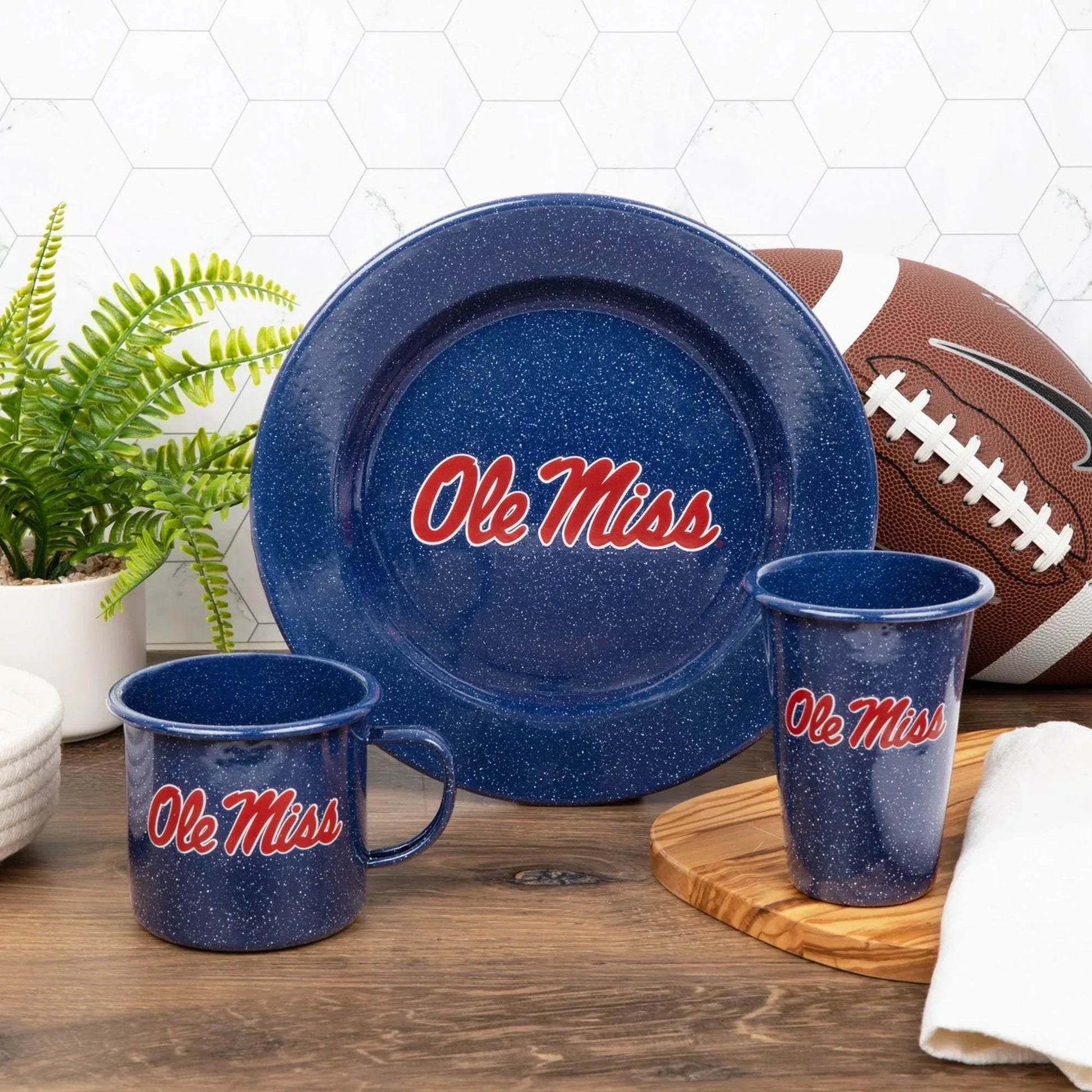 CK93NVY-OM01-2 - U of Mississippi Enamelware 14oz Tumblers, Navy Speckle, Set of 2 - Golden Rabbit Enamelware