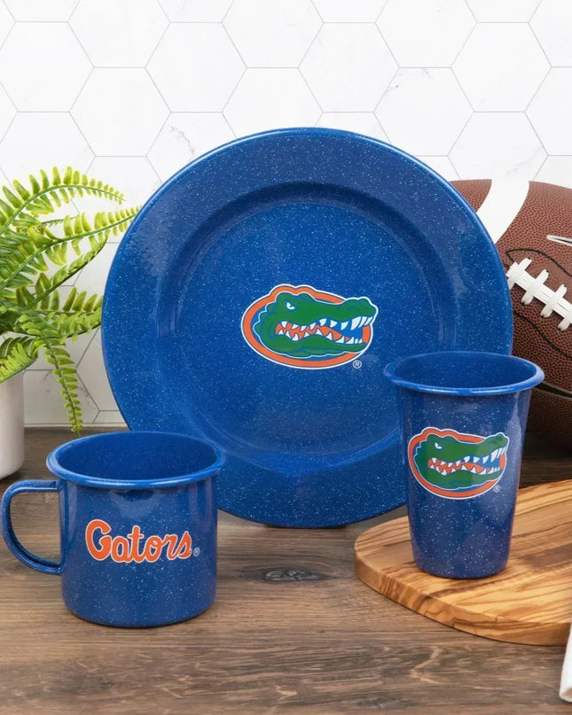 CK20MBU-UF02-4 - U of Florida Enamelware Dinner Plates, Medium Blue Speckle, Set of 4 - Golden Rabbit Enamelware