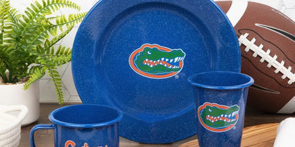 CK93MBU-UF01-2 - U of Florida Enamelware 14oz Tumblers, Medium Blue Speckle, Set of 2 - Golden Rabbit Enamelware