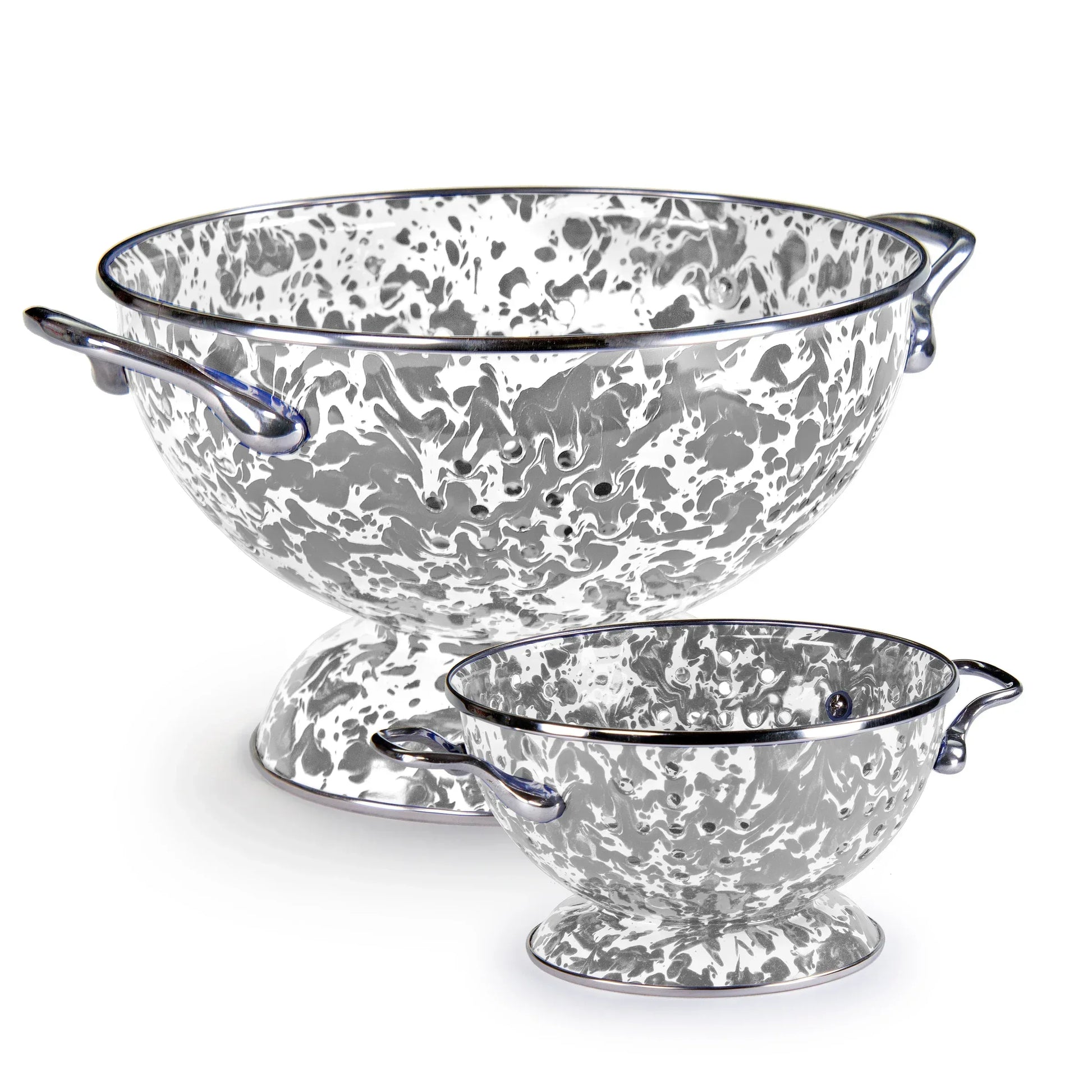 GYPLC - Grey Swirl Large And Petite Colanders - Golden Rabbit Enamelware