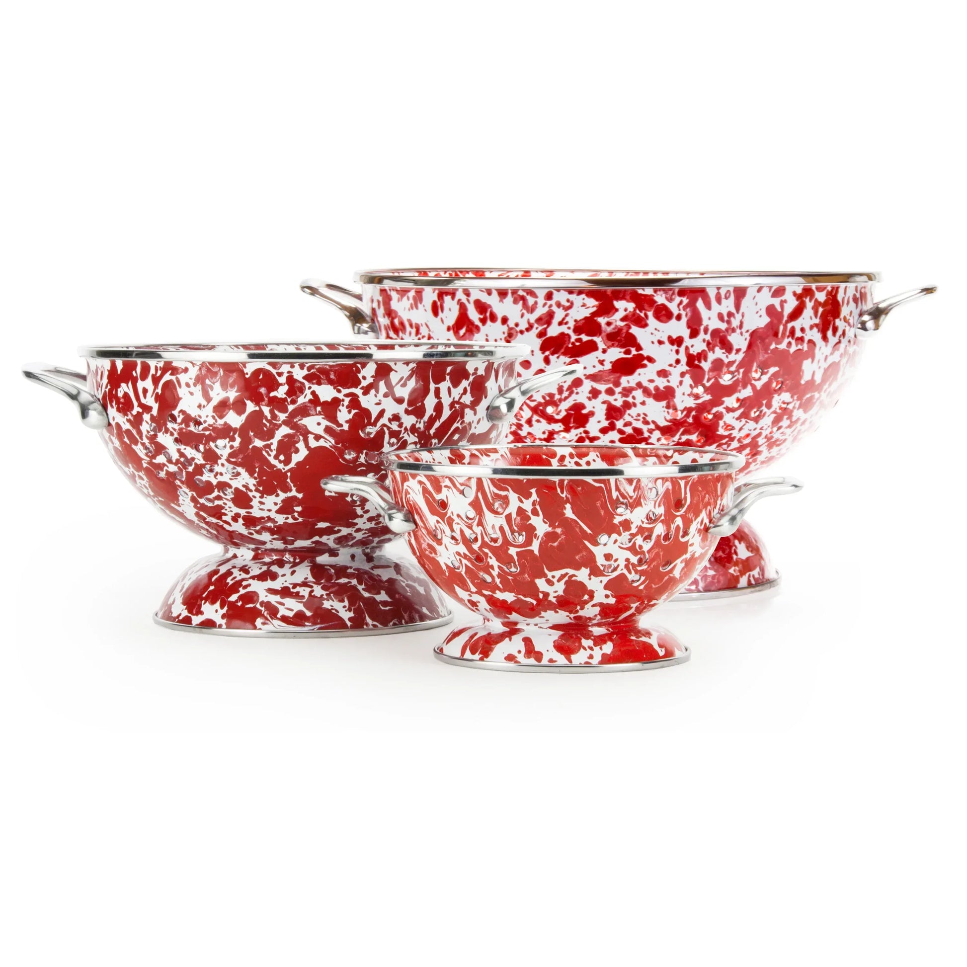 RDCOLS - Red Swirl Set Of Colanders - Golden Rabbit Enamelware