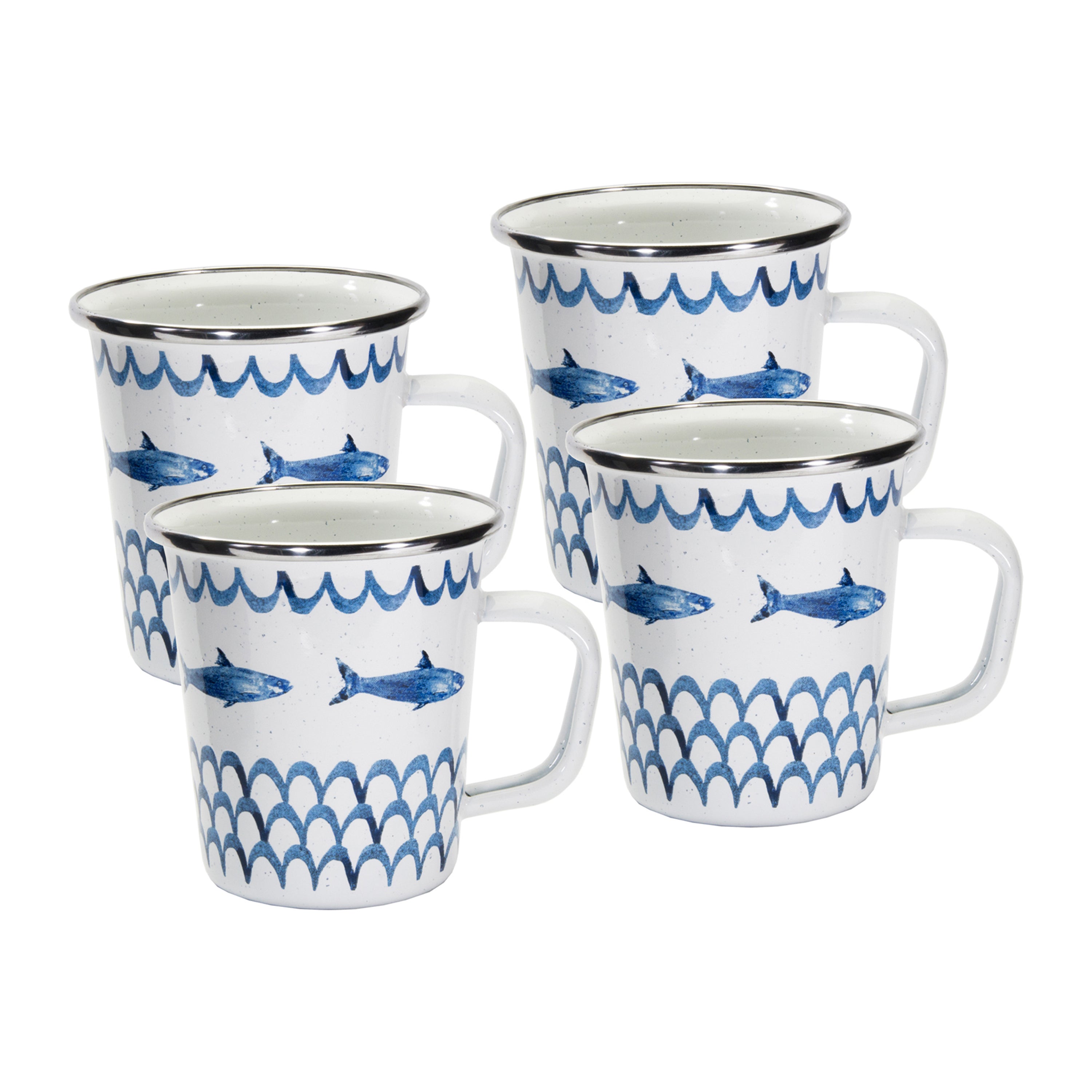 Golden Rabbit Fish Camp Enamelware Latte Mugs, Set of 4 - Blue