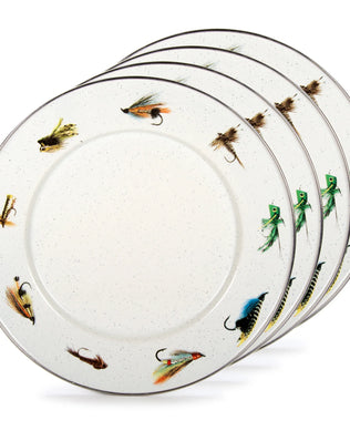 FF07S4 - Fishing Fly Dinner Plates - Set of 4 - Golden Rabbit Enamelware