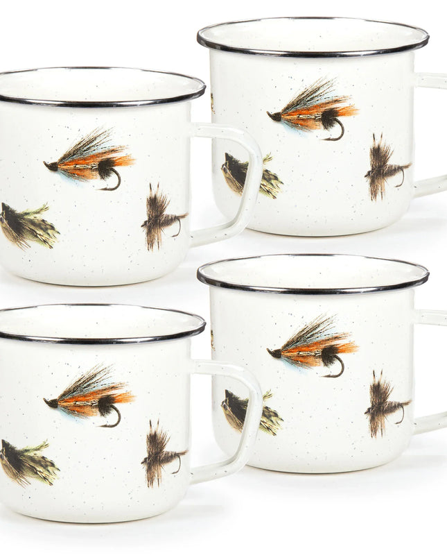 FF28S4 - Fishing Fly 24 oz Grande Mugs- Set of 4 - Golden Rabbit Enamelware