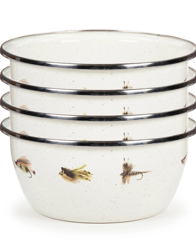 FF61S4 - Fishing Fly Salad Bowls - Set of 4 - Golden Rabbit Enamelware
