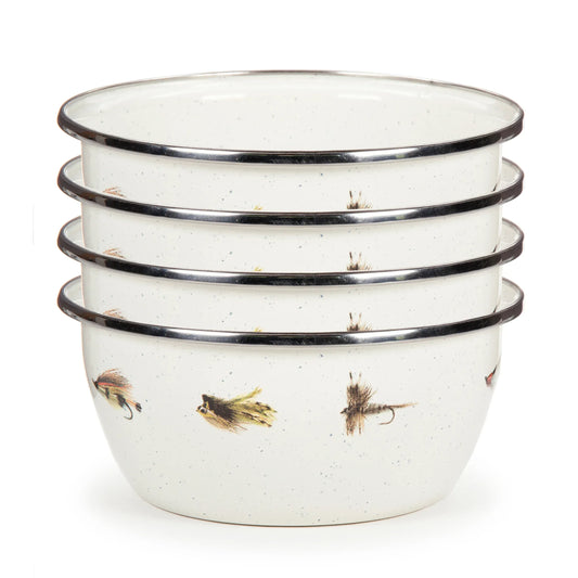 FF61S4 - Fishing Fly Salad Bowls - Set of 4 - Golden Rabbit Enamelware