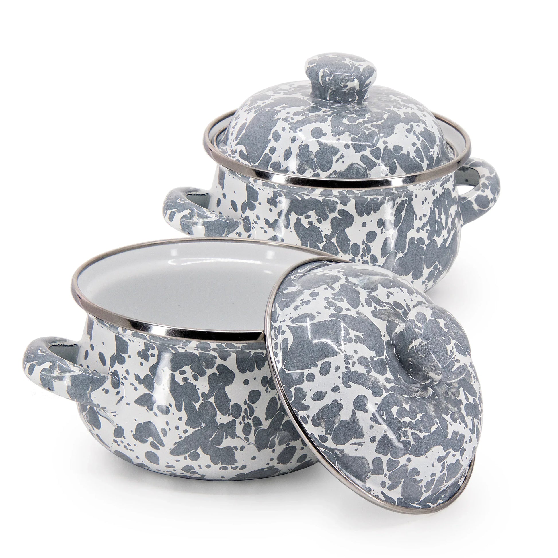 GY32S2 - Grey Swirl Petite Tureens - Set of 2 - Golden Rabbit Enamelware