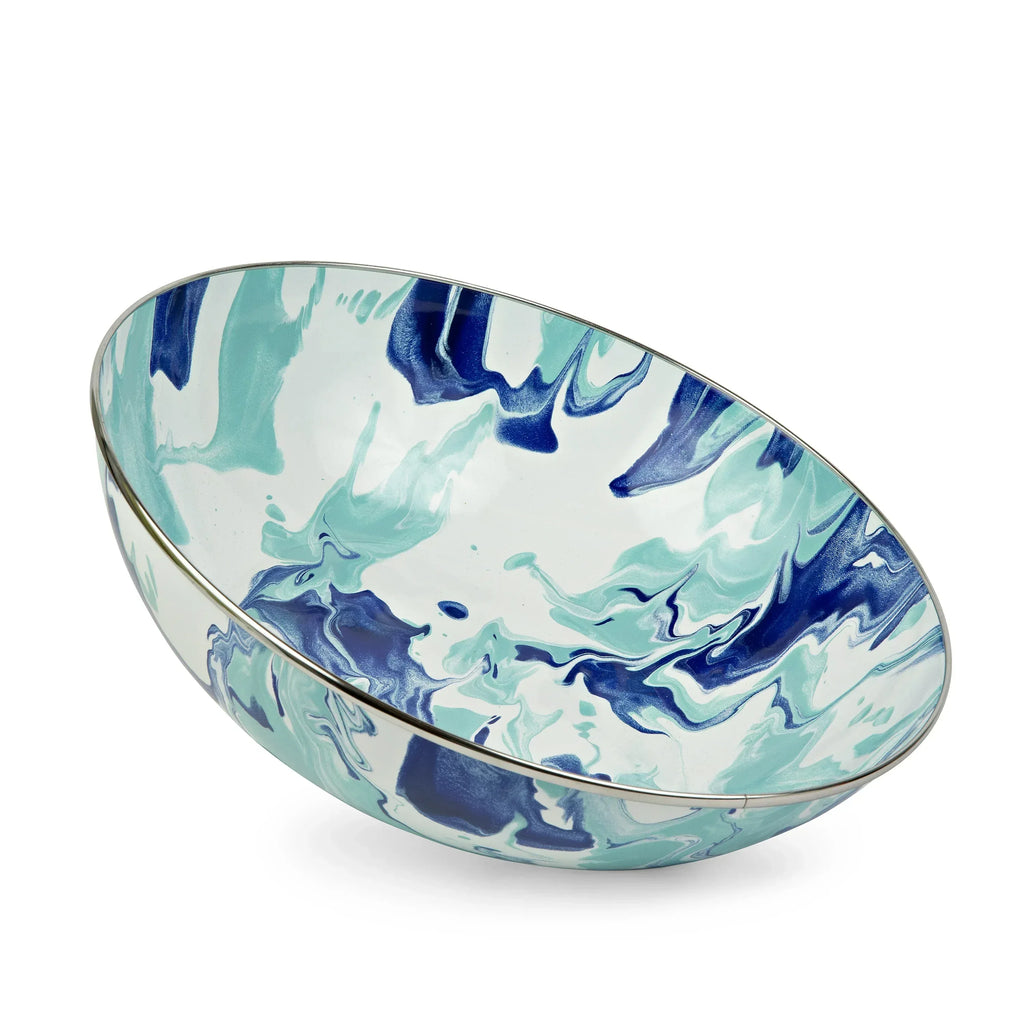 14" Large Enamel Serving Bowl for Popcorn, Watermelon, etc. - Lightweight, Sturdy, Plastic-free (Lagoon Series, Turquoise & Navy)