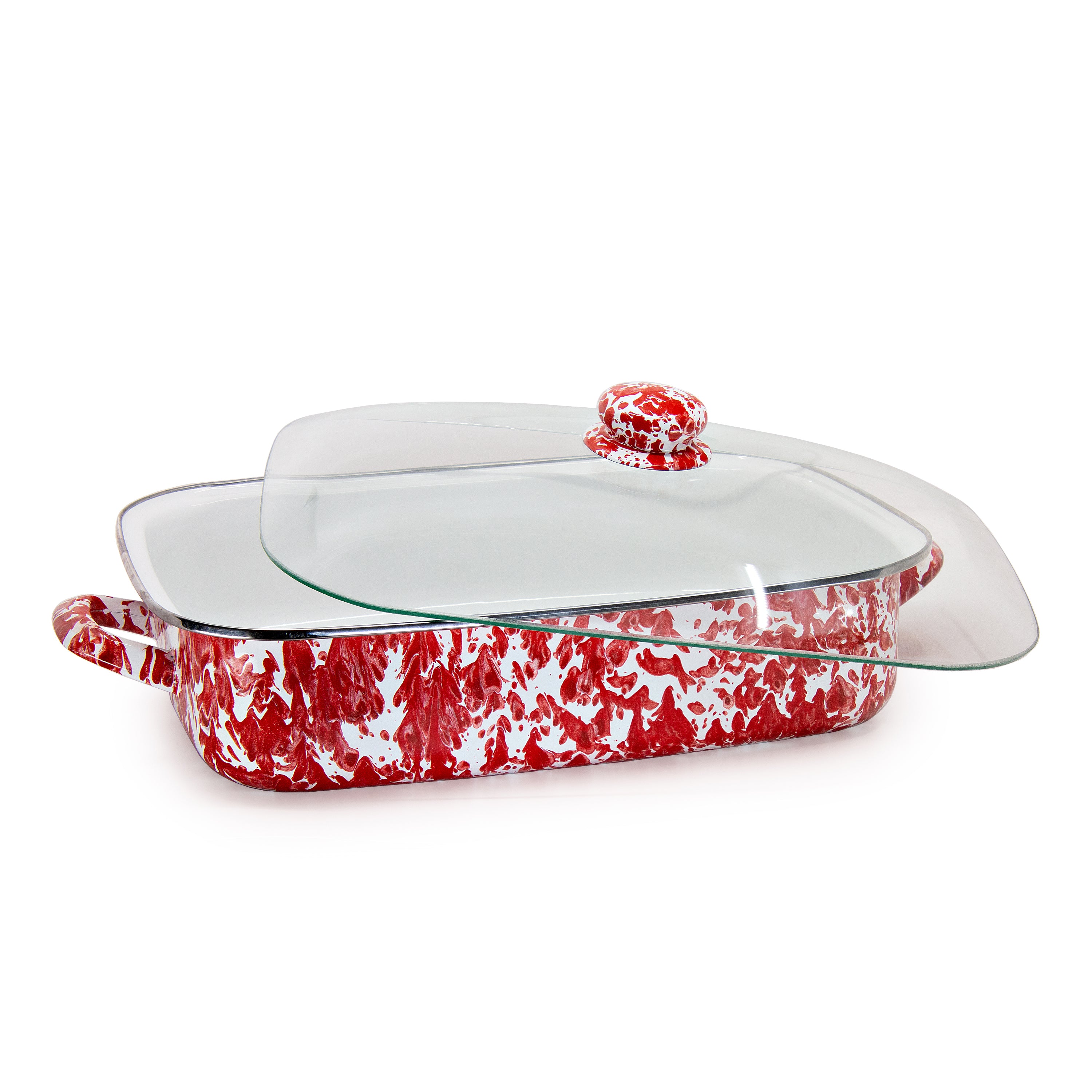 RD15 Roasting Pan Red Swirl Design UPC 619199157565 Golden Rabbit Enamelware