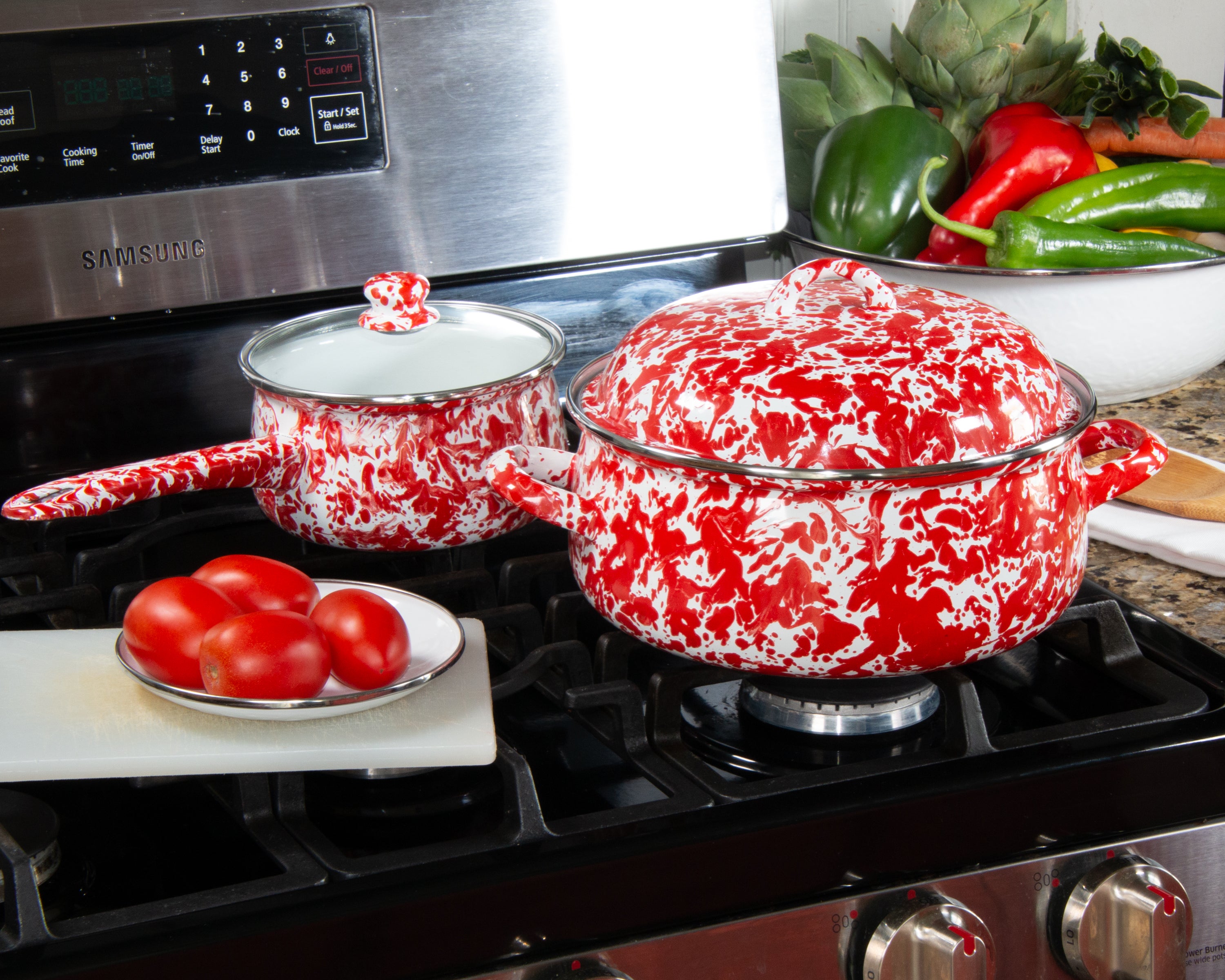 Golden Rabbit Red Swirl Enamelware Dutch Oven