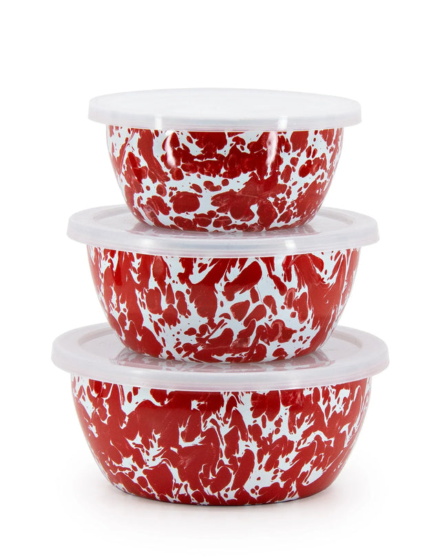 RD30 - Red Swirl Nesting Bowls - Golden Rabbit Enamelware