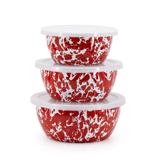RD30 - Red Swirl Nesting Bowls - Golden Rabbit Enamelware
