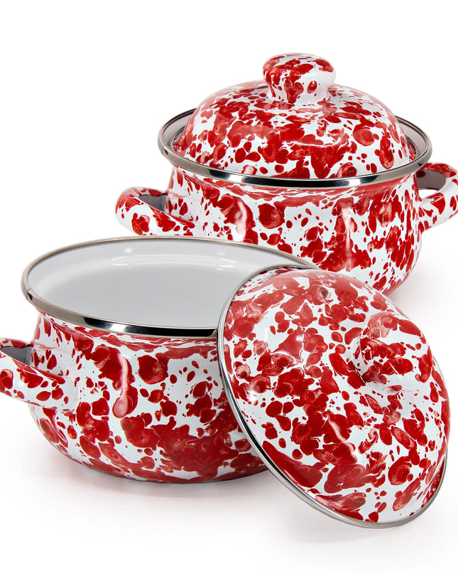 RD32S2 - Red Swirl Petite Tureens - Set of 2 - Golden Rabbit Enamelware