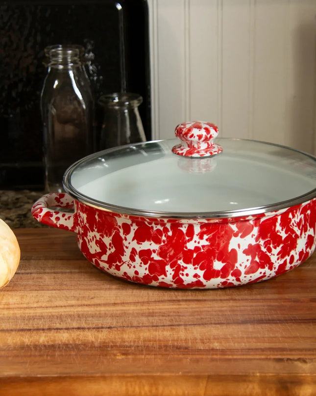 RD79 - Red Swirl Small Saute Pan - Golden Rabbit Enamelware
