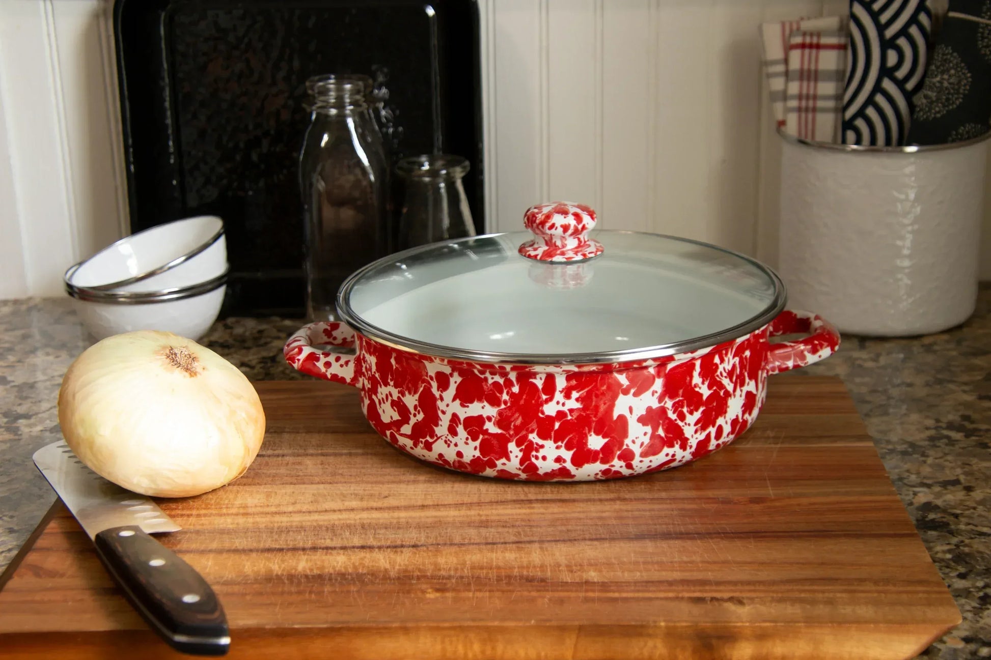 RD79 - Red Swirl Small Saute Pan - Golden Rabbit Enamelware
