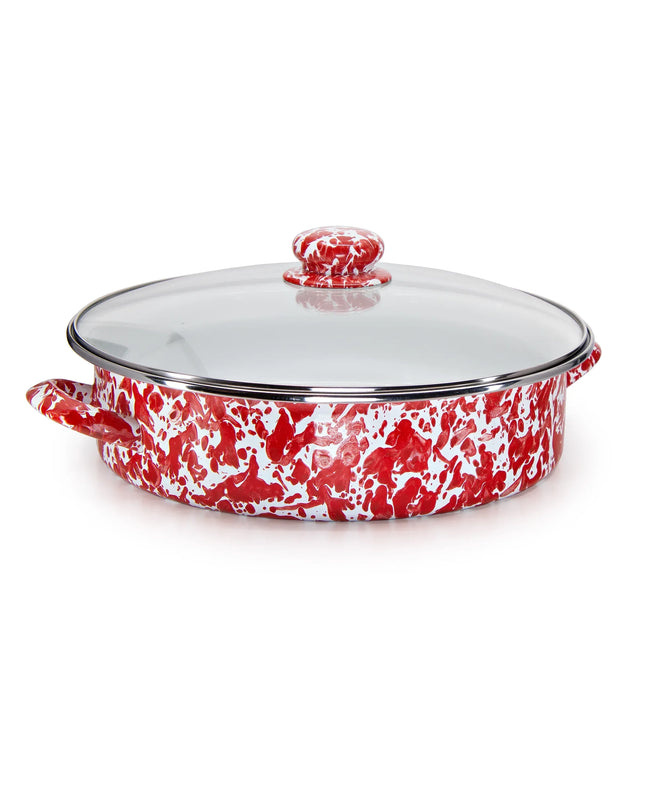 RD80 - Red Swirl Large Saute Pan - Golden Rabbit Enamelware