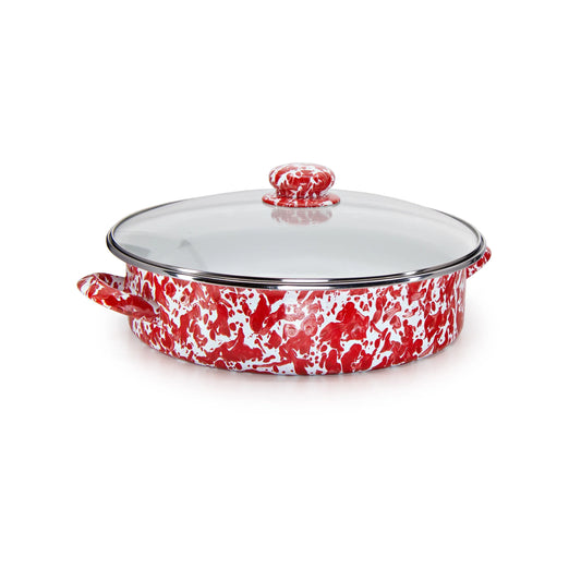 RD80 - Red Swirl Large Saute Pan - Golden Rabbit Enamelware