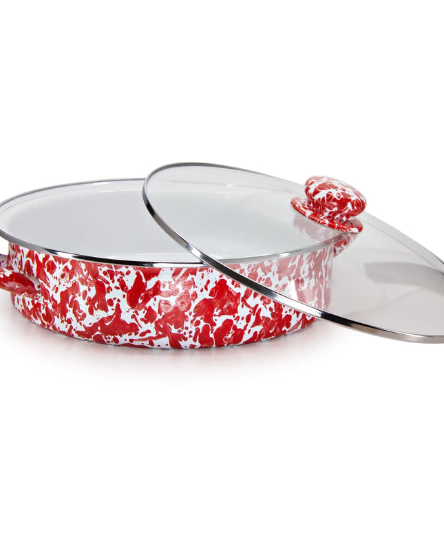 RD80 - Red Swirl Large Saute Pan - Golden Rabbit Enamelware