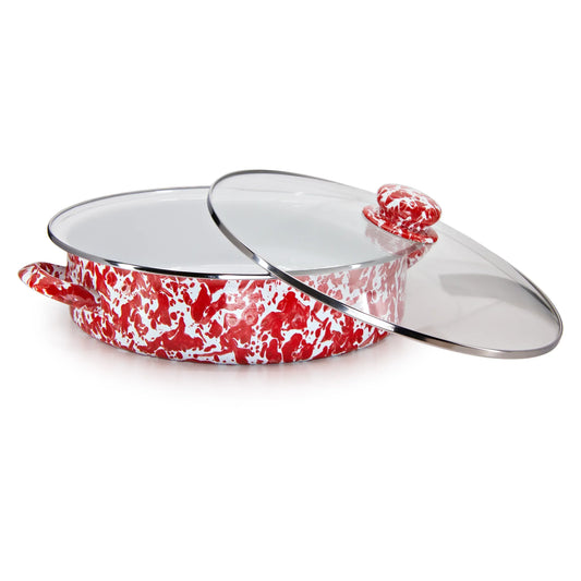 RD80 - Red Swirl Large Saute Pan - Golden Rabbit Enamelware
