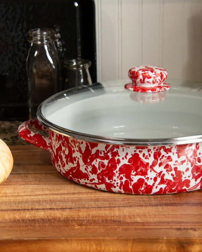 RD80 - Red Swirl Large Saute Pan - Golden Rabbit Enamelware