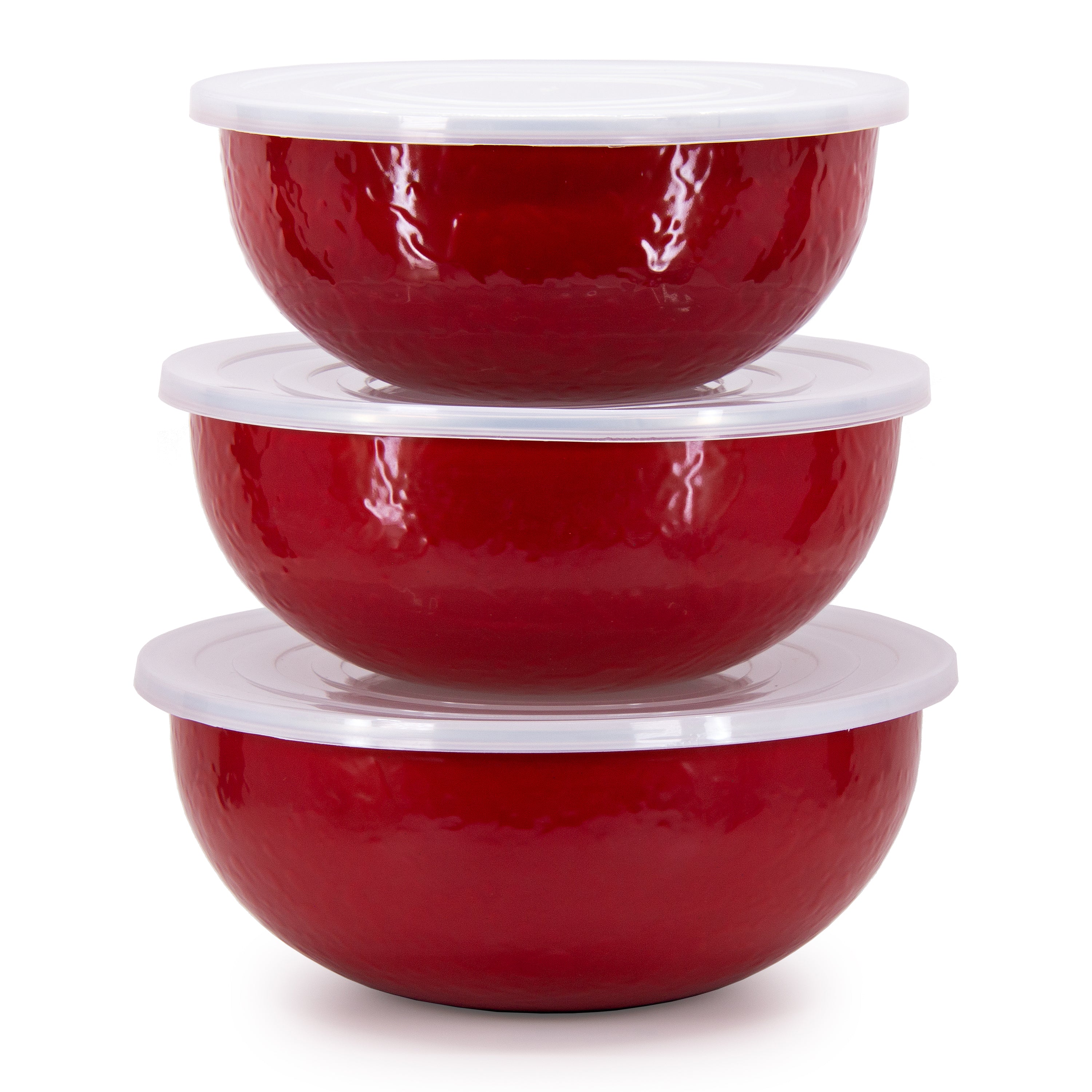 Golden Rabbit Enamelware - Solid Red Pattern - Set of 3 - Mixing Bowls