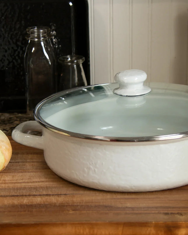 WW80 - White Solid Large Saute Pan - Golden Rabbit Enamelware