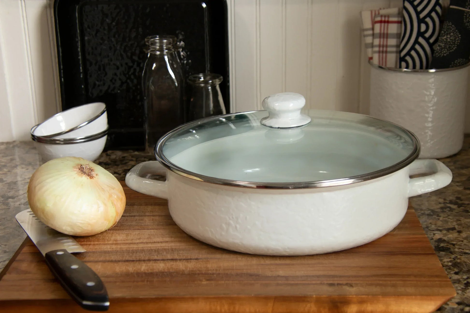 WW80 - White Solid Large Saute Pan - Golden Rabbit Enamelware