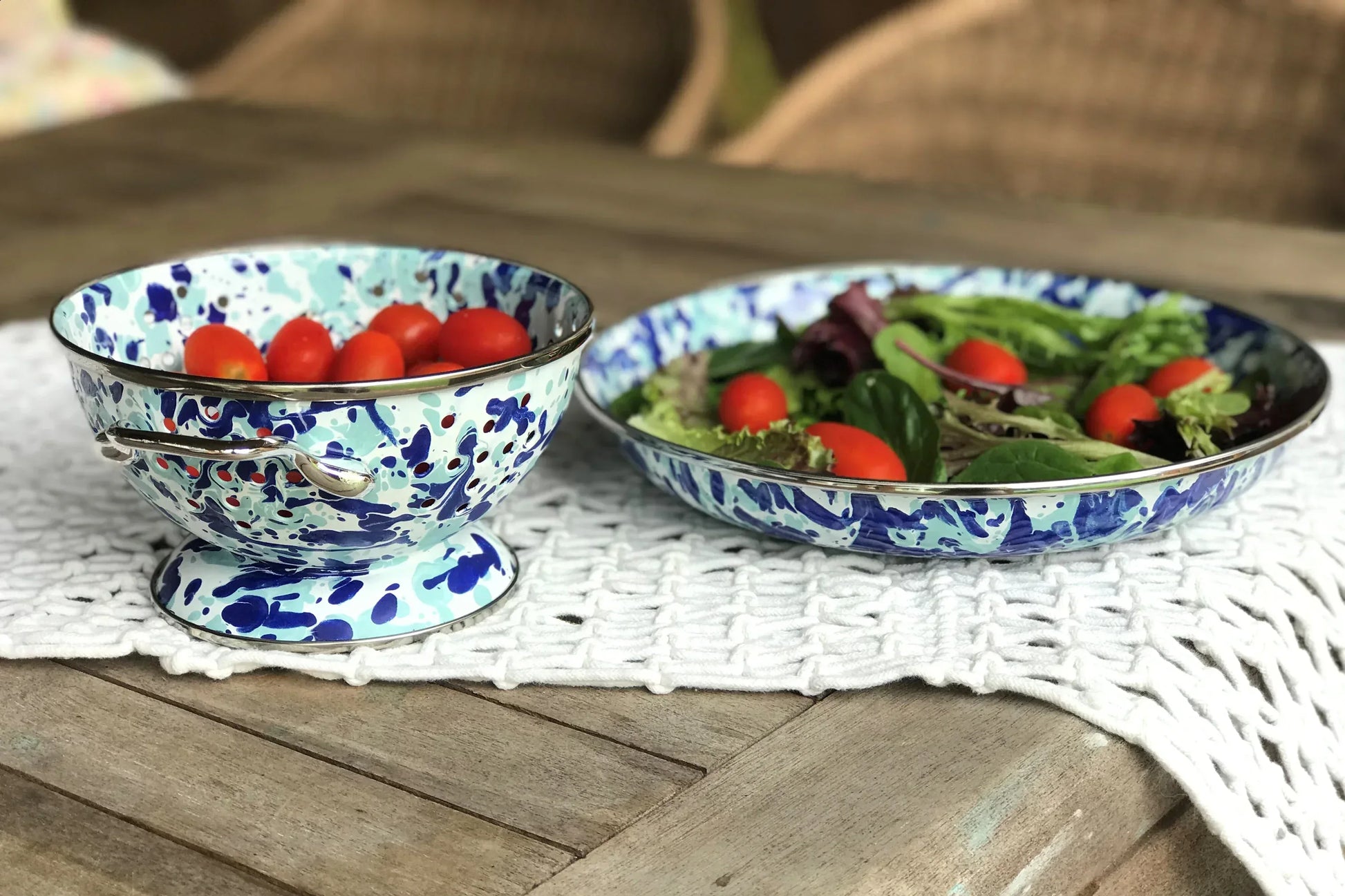 OC24 - Ocean Swirl Petite Colander - Golden Rabbit Enamelware